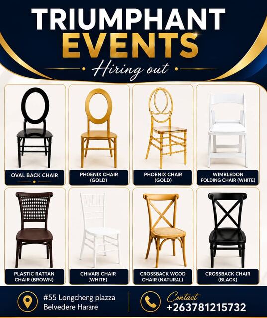Collection of hire chairs, including Phoenix, Wimbledon and cross-back styles