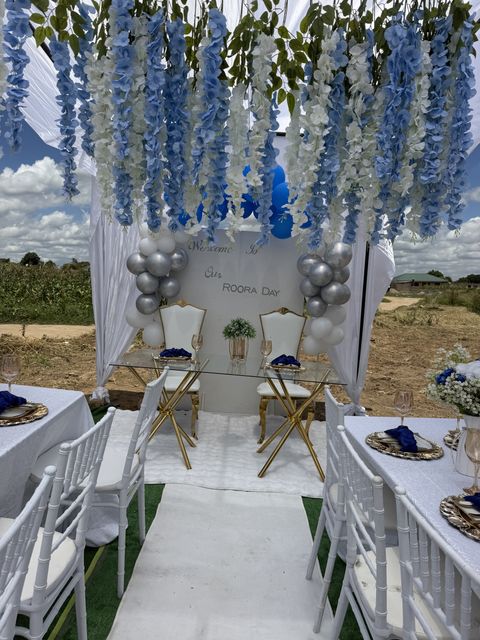 "Welcome to Our Roora Day" sign under hanging blue and silver wisteria, with silver balloon garlands