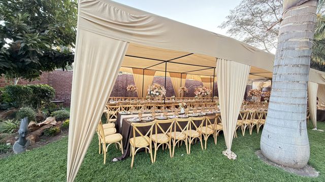 Cream canopy marquee tent exterior set up among palm trees, by Triumphant Events