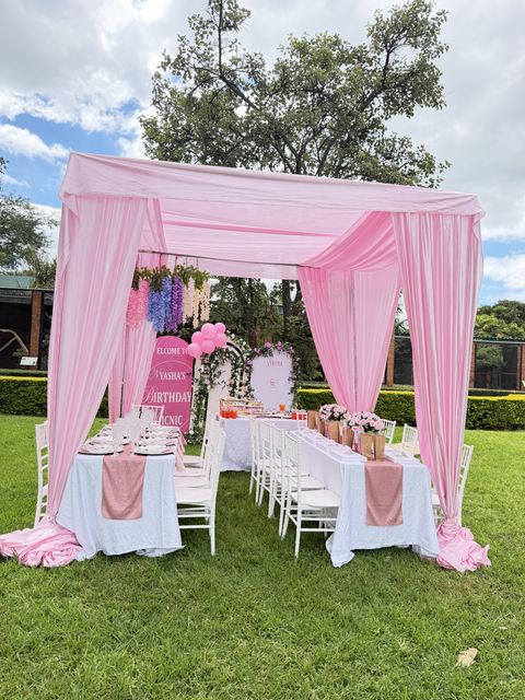 Pink canopy garden picnic with sweetheart chairs, styled for a birthday, by Triumphant Events