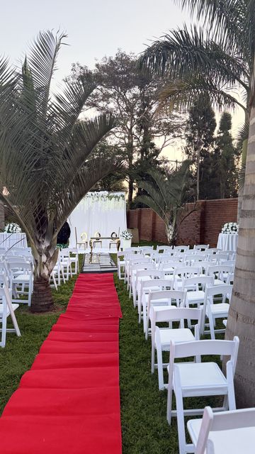 Red carpet aisle lined with white chairs under palm trees, by Triumphant Events